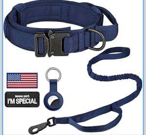 Tactical Dog Collar and Bungee Leash Set with AirTag Case and Patches, Navy Blue